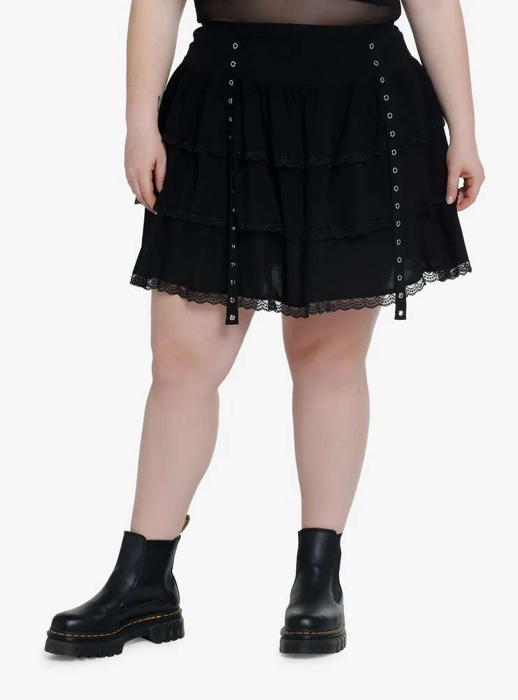 Thorn & Fable Black Lace Grommet Tiered Skirt Plus
