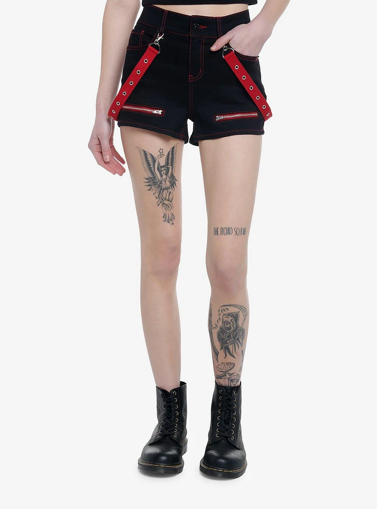 Black & Red Contrast Stitch Suspender Shorts