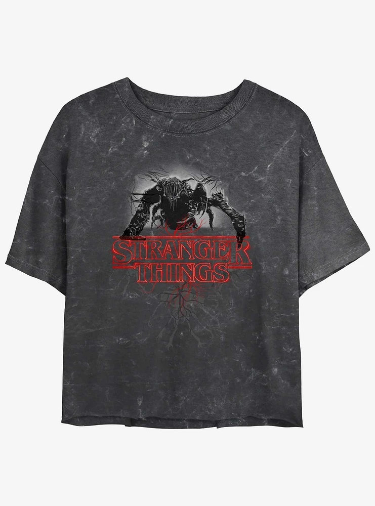 Stranger Things Logo Demogorgon Mineral Wash Womens Crop T-Shirt