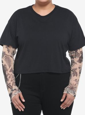 Tattoo Mesh Twofer Girls Crop Long-Sleeve T-Shirt Plus
