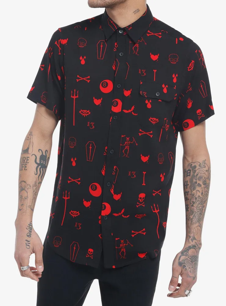 Black & Red Dark Symbols Woven Button-Up