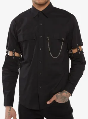 Black Grommet Cutout Straps Long-Sleeve Woven Button-Up