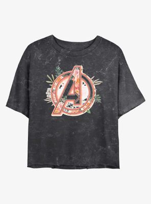 Marvel Avengers Floral Avenger Logo Mineral Wash Crop Womens T-Shirt