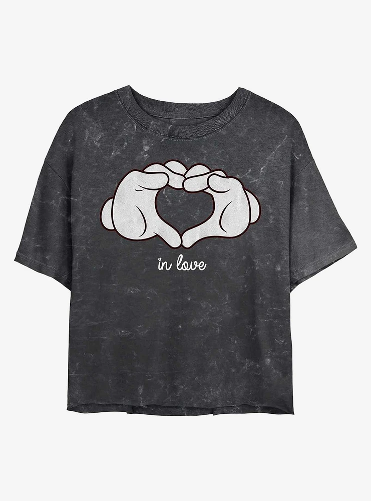 Disney Mickey Mouse Glove Heart Mineral Wash Crop Womens T-Shirt