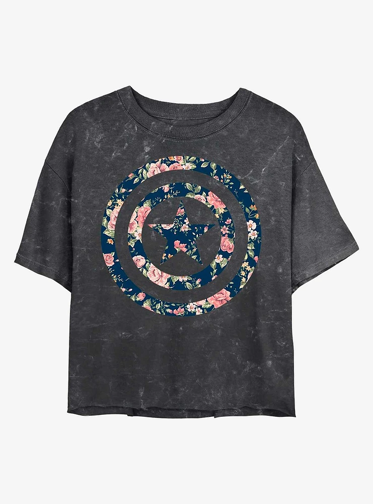 Marvel Floral Shield Mineral Wash Crop Womens T-Shirt