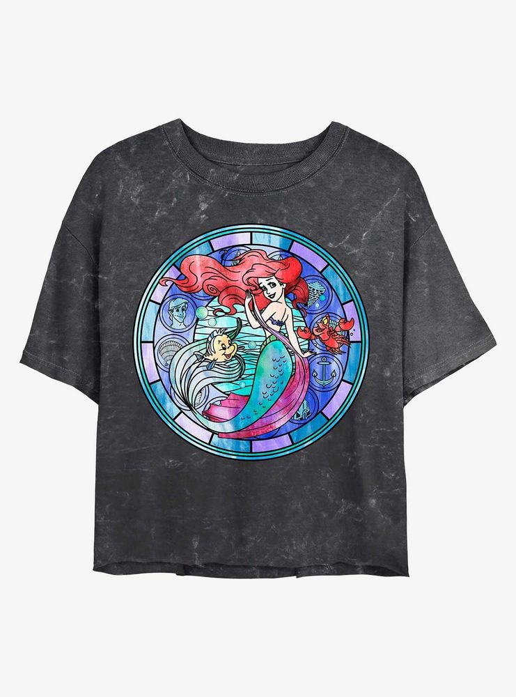 Disney The Little Mermaid Ariel Stained Glass Mineral Wash Crop Womens T-Shirt