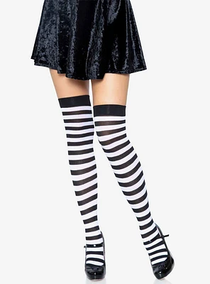 Black And White Nylon Over-The-Knee Stocking With Stripes