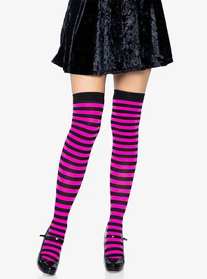 Black And Neon Pink Nylon Over-The-Knee Stocking With Stripes