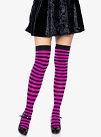 Black And Neon Pink Nylon Over-The-Knee Stocking With Stripes