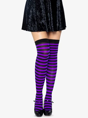 Black And Purple Nylon Over-The-Knee Stocking With Stripes
