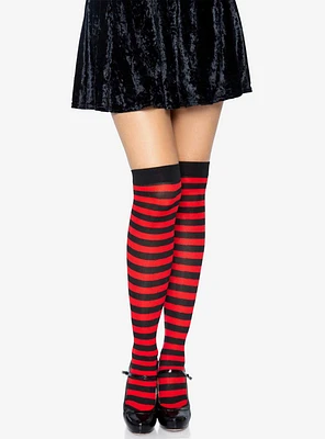 Black And Red Nylon Over-The-Knee Stocking With Stripes