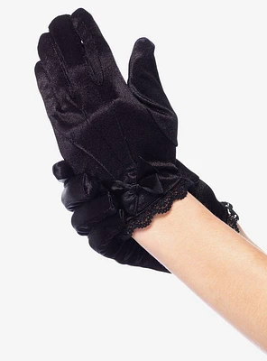 Black Lace Trimmed Satin Youth Gloves With Bow Accent