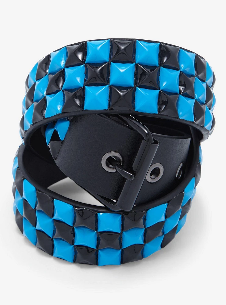 Three Row Black & Blue Pyramid Stud Belt