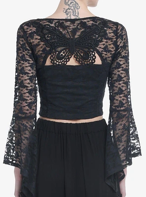 Cosmic Aura Black Butterfly Lace Girls Bell Sleeve Top