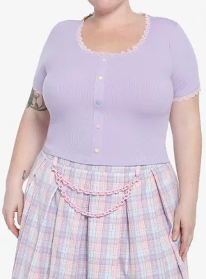 Pastel Purple Heart Button Girls Crop T-Shirt Plus