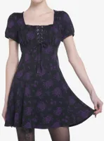 Cosmic Aura Black & Purple Rose Lace-Up Babydoll Dress