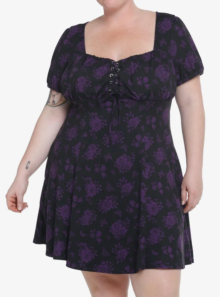 Cosmic Aura Black & Purple Rose Lace-Up Babydoll Dress Plus