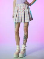 Pastel Plaid Pleated Skirt With Chain