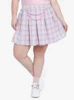 Pastel Plaid Pleated Mini Skirt With Chain Plus