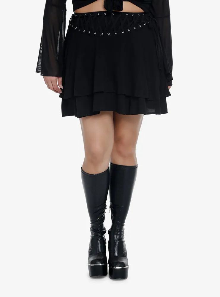 Cosmic Aura Black Grommet & Lace-Up Tiered Skirt Plus Size