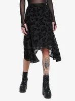 Black Butterfly Chiffon Hanky Hem Midi Skirt