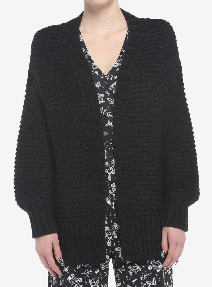 Black Chunky Knit Girls Open Cardigan