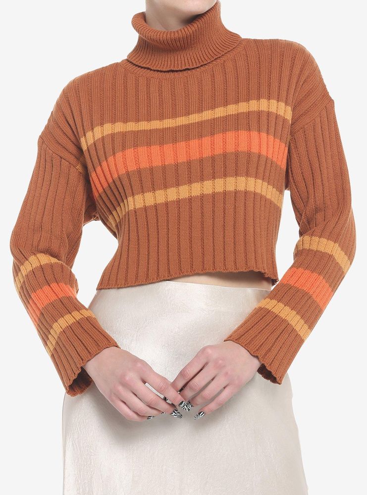 Brown Rugby Stripe Crop Girls Turtleneck Sweater