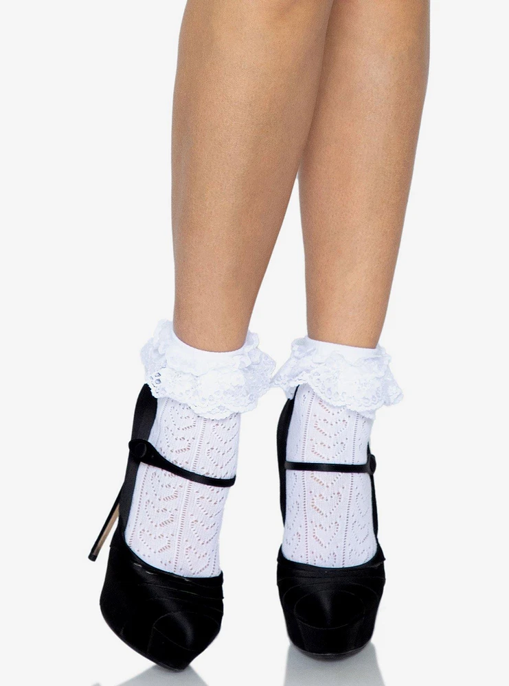 Crochet Heart Lace Top Ankle Socks White