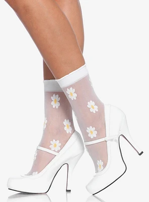 Sheer Spandex Woven Daisy Floral Ankle Socks White