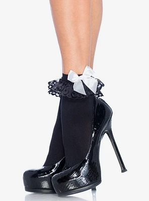 Ankle Socks Bow Lace Ruffle Black with White Bow