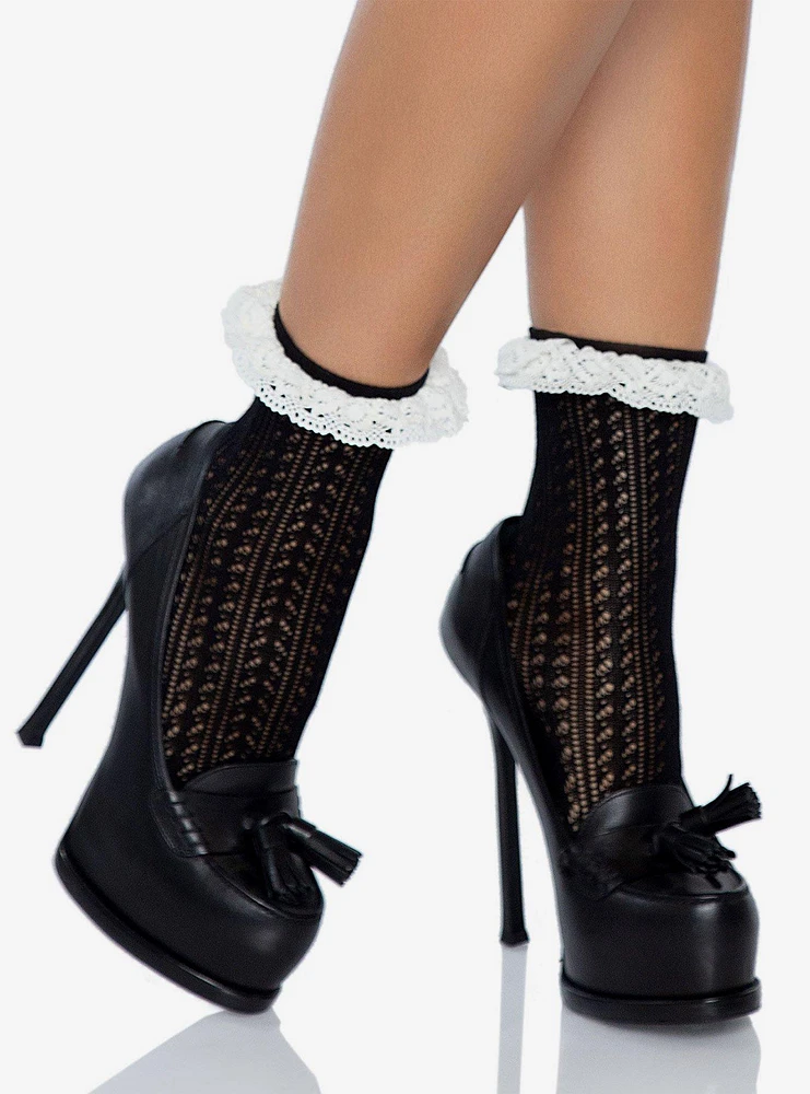 Zig Zag Crochet Ankle Socks with Eyelet Lace Black