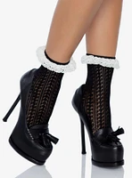 Zig Zag Crochet Ankle Socks with Eyelet Lace Black