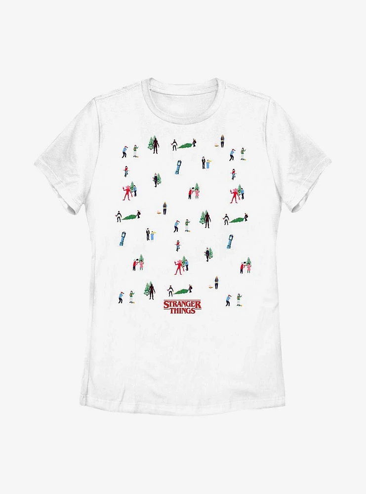 Stranger Things Holiday Tree Scenes Group Womens T-Shirt
