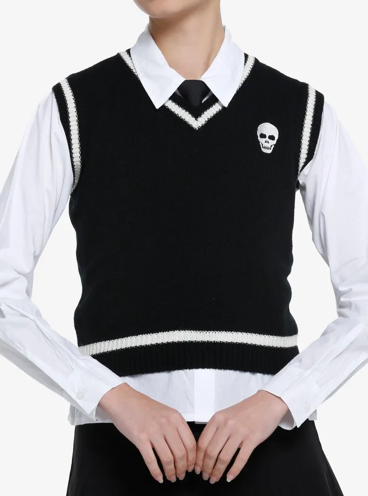 Thorn & Fable Skull Tie Twofer Girls Sweater Vest Shirt