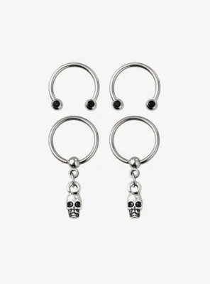 Steel Silver Skull Circular Barbell & Captive Hoop 4 Pack