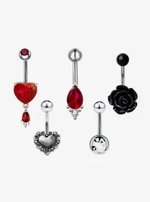 Steel Silver Heart Rose Navel Barbell 5 Pack