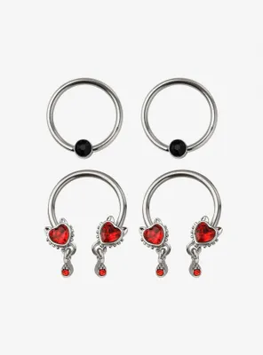 Steel Silver Heart Gem Circular Barbell & Captive Hoop 4 Pack