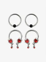 Steel Silver Heart Gem Circular Barbell & Captive Hoop 4 Pack