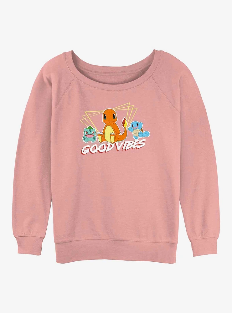 Pokemon Good Vibes With Charmander, Bulbasaur & Squirtle Girls Slouchy Sweatshirt