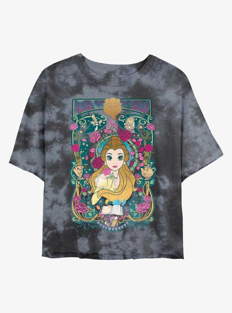 Disney Beauty And The Beast Belle Decorative Print Tie-Dye Womens Crop T-Shirt