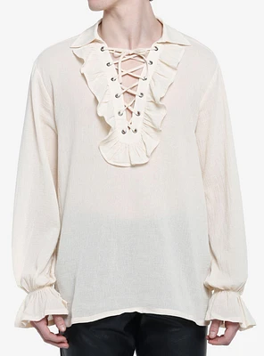 Social Collision Ivory Ruffled Lace-Up Long-Sleeve Woven Top