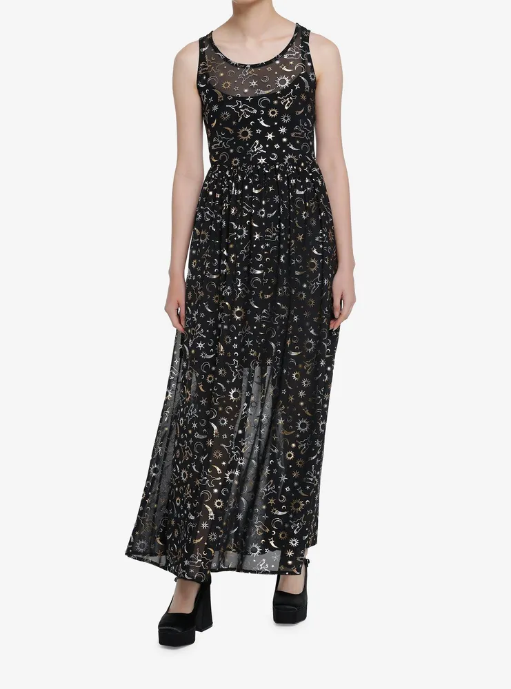 Cosmic Aura Astrology Foil Mesh Maxi Dress