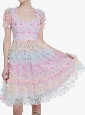 Sweet Society Pastel Butterfly Mesh Puff Sleeve Dress