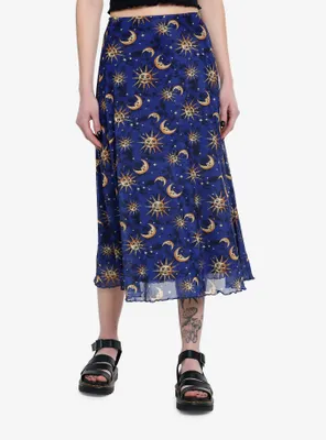 Cosmic Aura Blue Celestial Midi Skirt