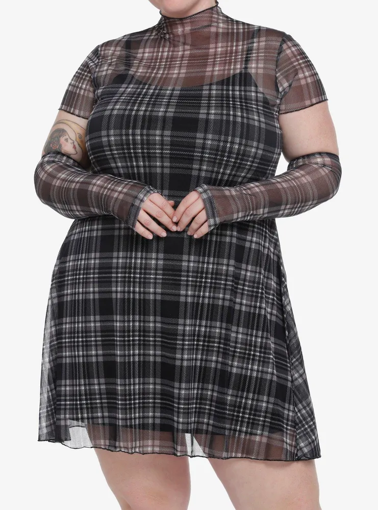 Social Collision Black & Gray Mesh Dress With Arm Warmers Plus