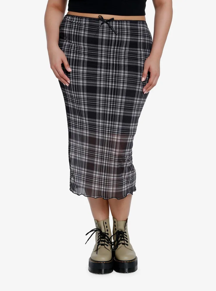 Social Collision Black Plaid Mesh Midi Skirt Plus