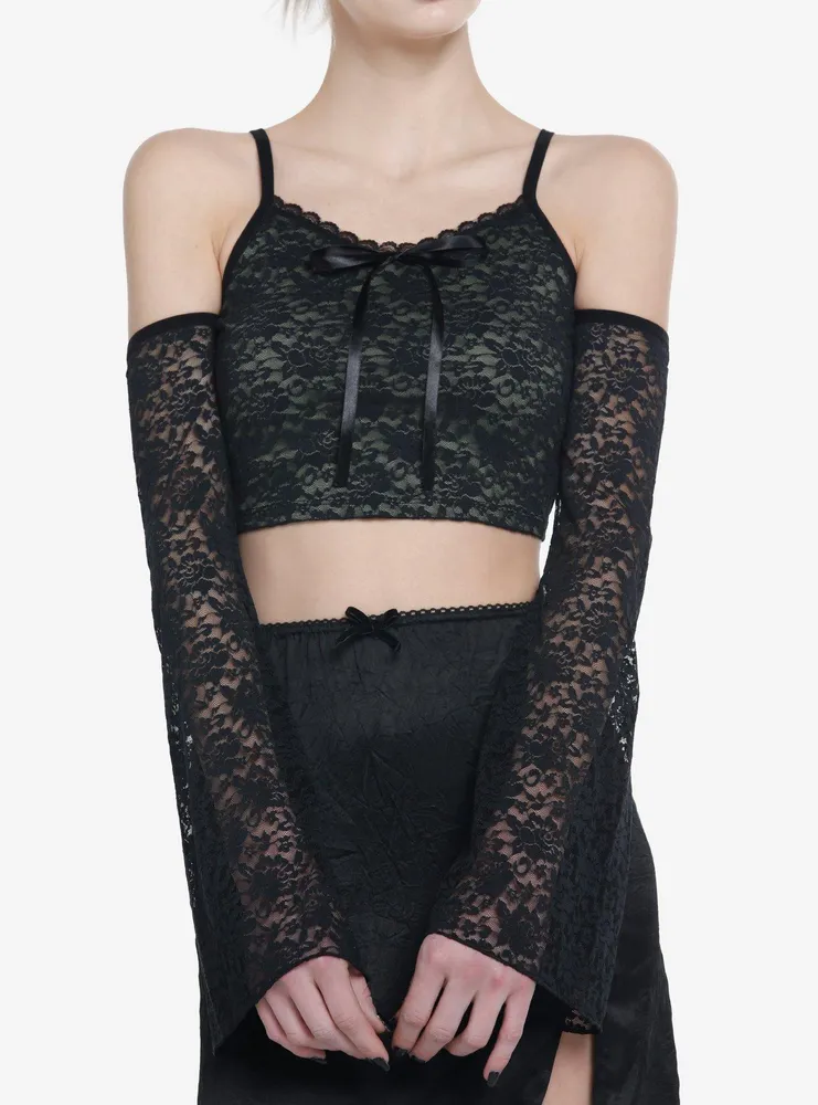 Hot Topic Thorn & Fable Green Black Lace Cold Shoulder Girls Crop