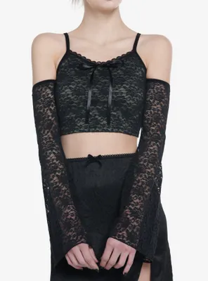 Thorn & Fable Green Black Lace Cold Shoulder Girls Crop Top