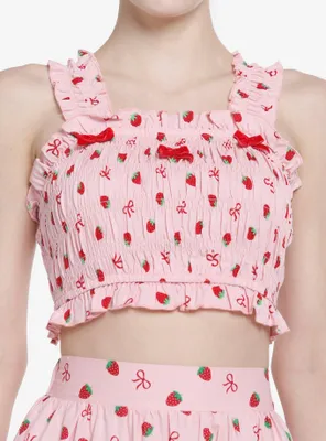 Pink Strawberry Smocked Girls Crop Tank Top