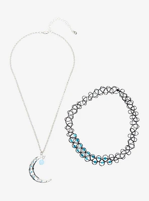 Blue Gem Moon Necklace Set